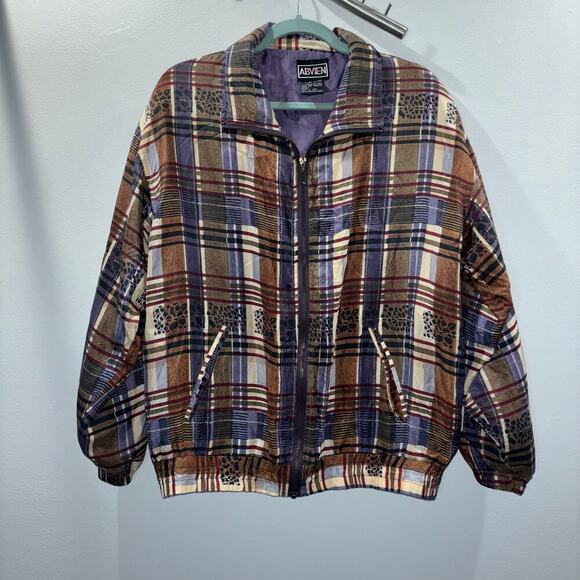 Vintage 80s 90s ABVIEN 100% Silk Bomber Jacket | Plaid + Animal Print | Medium - Picture 6 of 11
